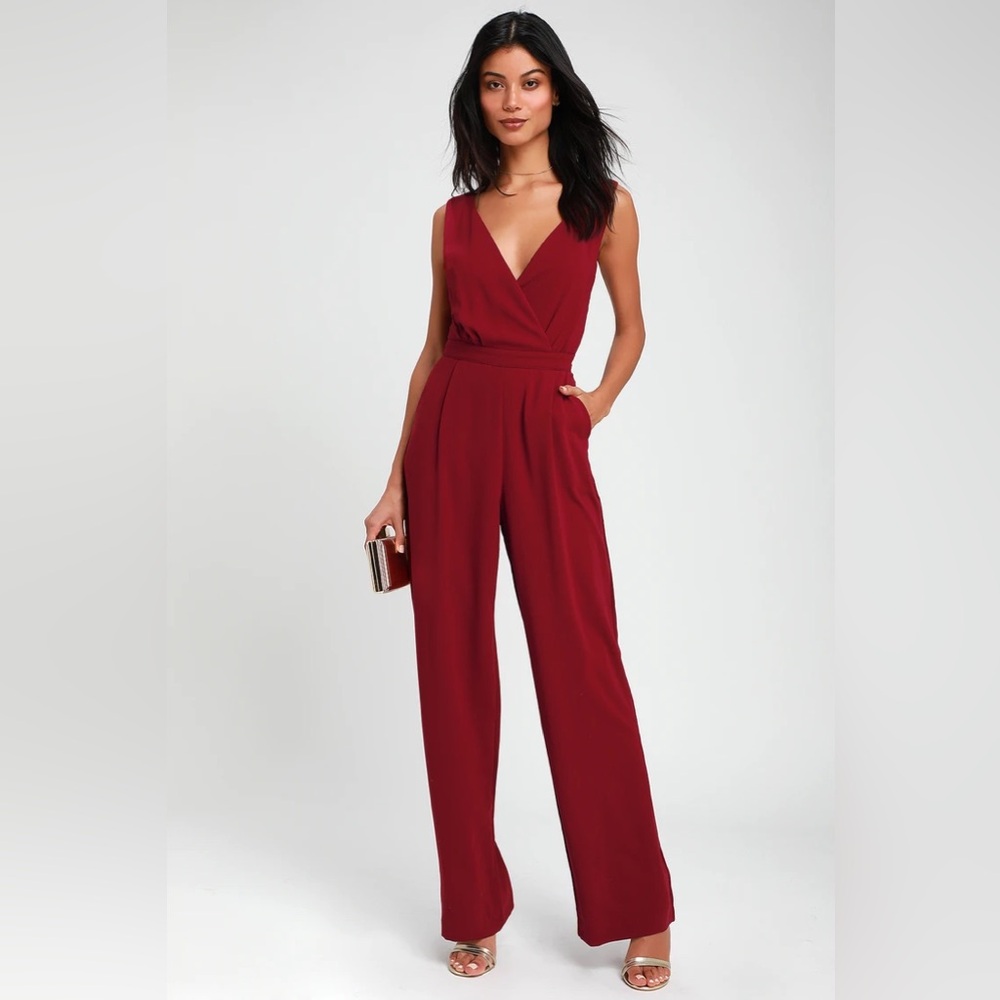 Lulus - Kiska Burgundy Lace Wide-Leg Jumpsuit - Small